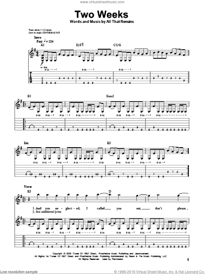 Two Weeks sheet music for guitar (tablature, play-along) by All That Remains, intermediate skill level
