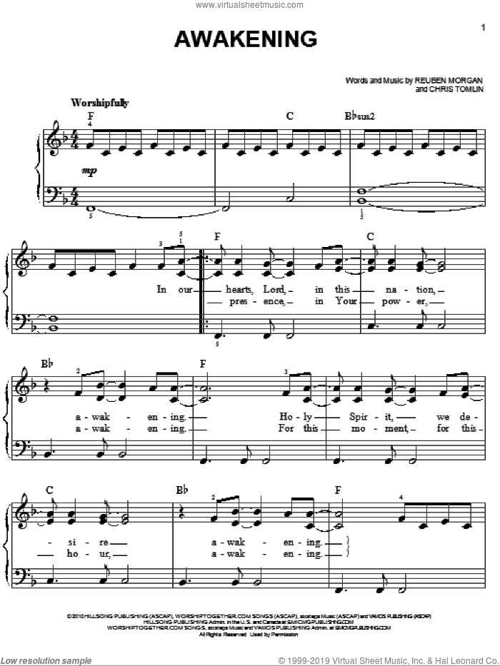 Awakening sheet music for piano solo by Chris Tomlin and Reuben Morgan, easy skill level