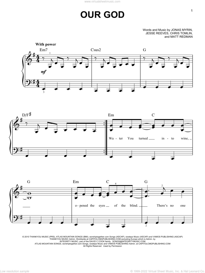 Our God sheet music for piano solo by Chris Tomlin, Jesse Reeves, Jonas Myrin and Matt Redman, easy skill level