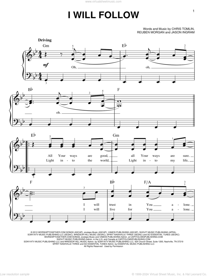 I Will Follow, (easy) sheet music for piano solo by Chris Tomlin, Jason Ingram and Reuben Morgan, easy skill level