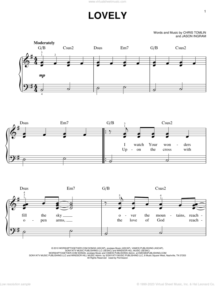 Lovely sheet music for piano solo by Chris Tomlin and Jason Ingram, easy skill level