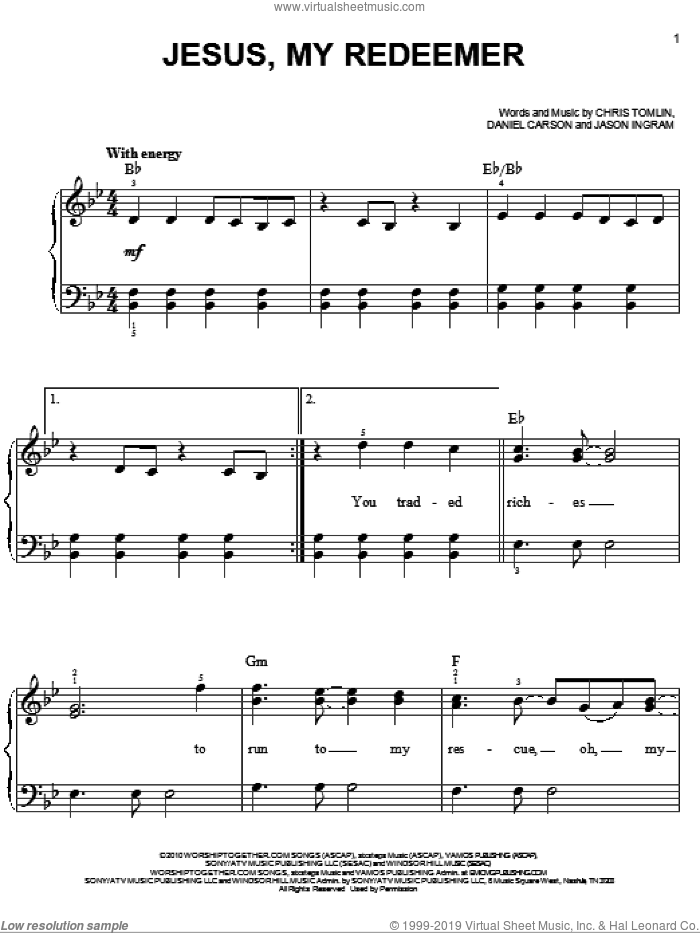 Jesus, My Redeemer sheet music for piano solo by Chris Tomlin, Daniel Carson and Jason Ingram, easy skill level