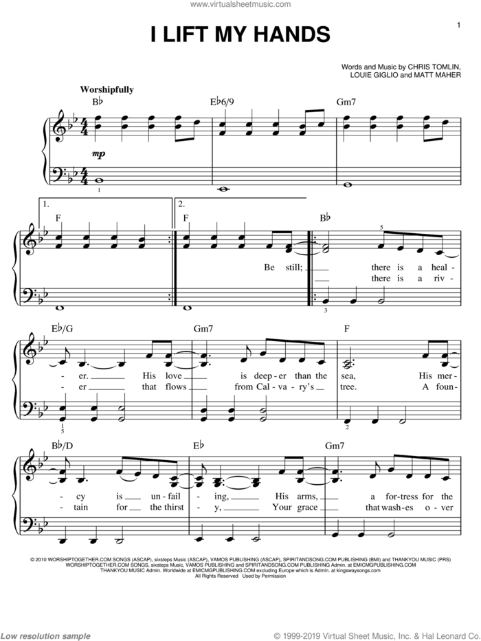 I Lift My Hands sheet music for piano solo by Chris Tomlin, Louis Giglio and Matt Maher, easy skill level