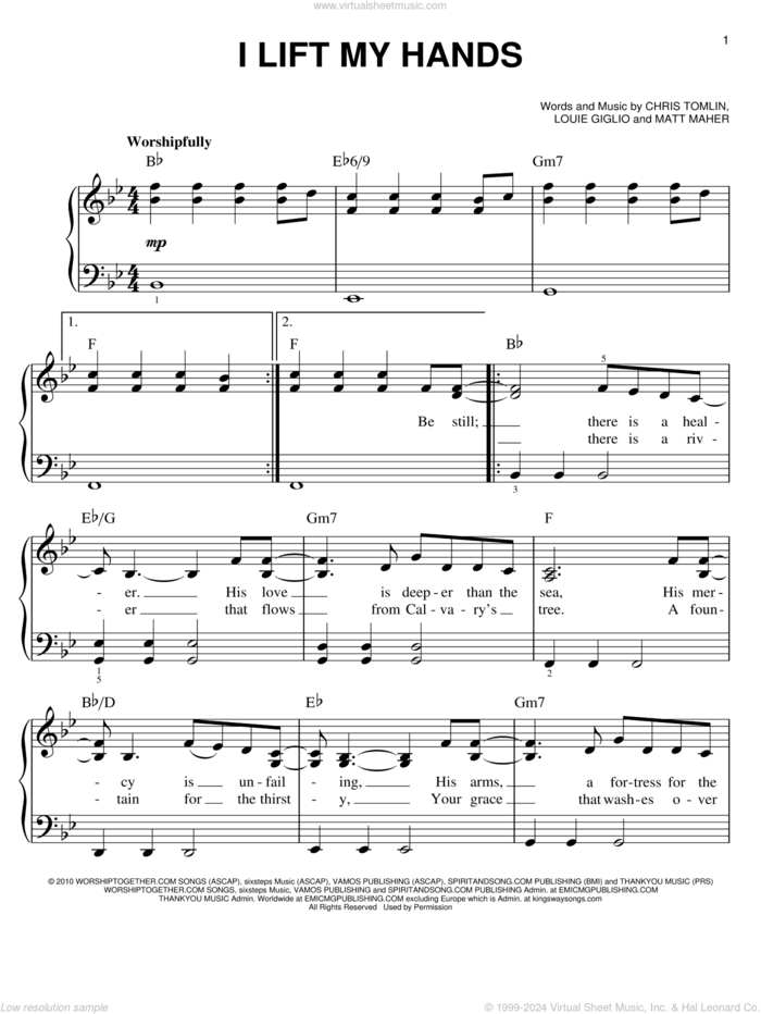 I Lift My Hands sheet music for piano solo by Chris Tomlin, Louis Giglio and Matt Maher, easy skill level