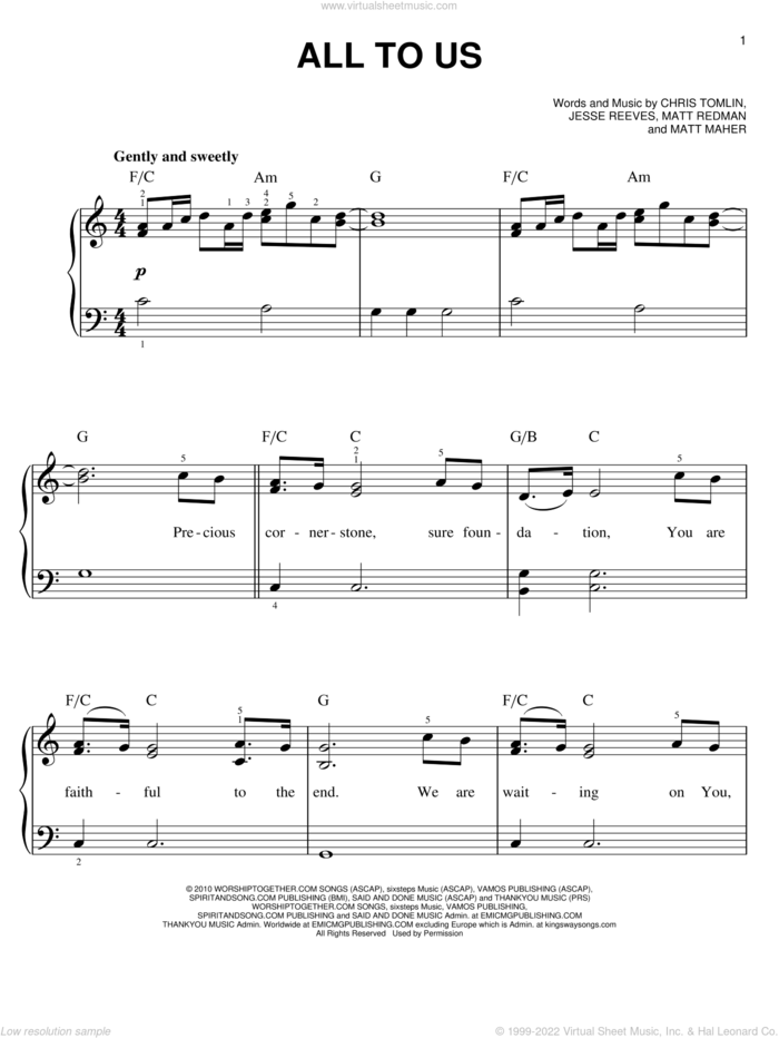 All To Us sheet music for piano solo by Chris Tomlin, Jesse Reeves, Matt Maher and Matt Redman, easy skill level