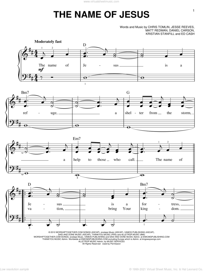 The Name Of Jesus sheet music for piano solo by Chris Tomlin, Daniel Carson, Ed Cash, Jesse Reeves, Kristian Stanfill and Matt Redman, easy skill level