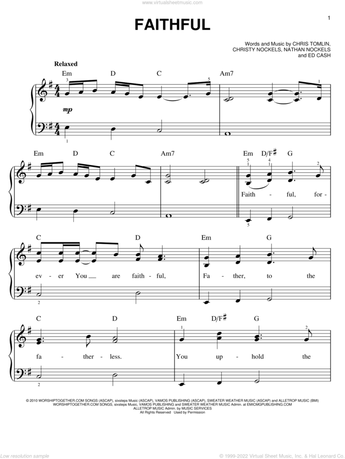 Faithful sheet music for piano solo by Chris Tomlin, Christy Nockels, Ed Cash and Nathan Nockels, easy skill level