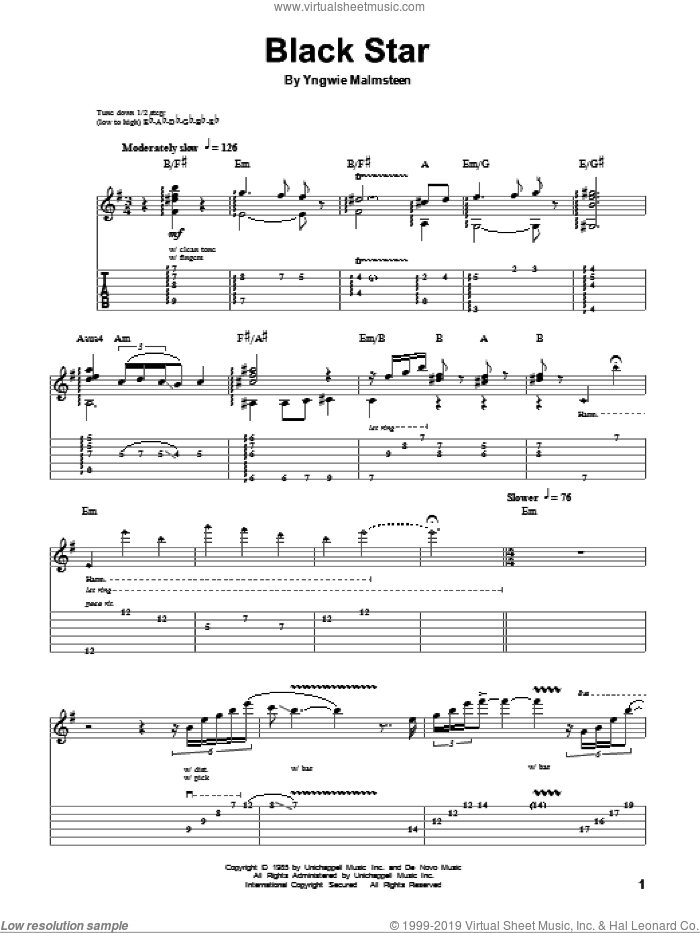 Black Star sheet music for guitar (tablature, play-along) by Yngwie Malmsteen, intermediate skill level