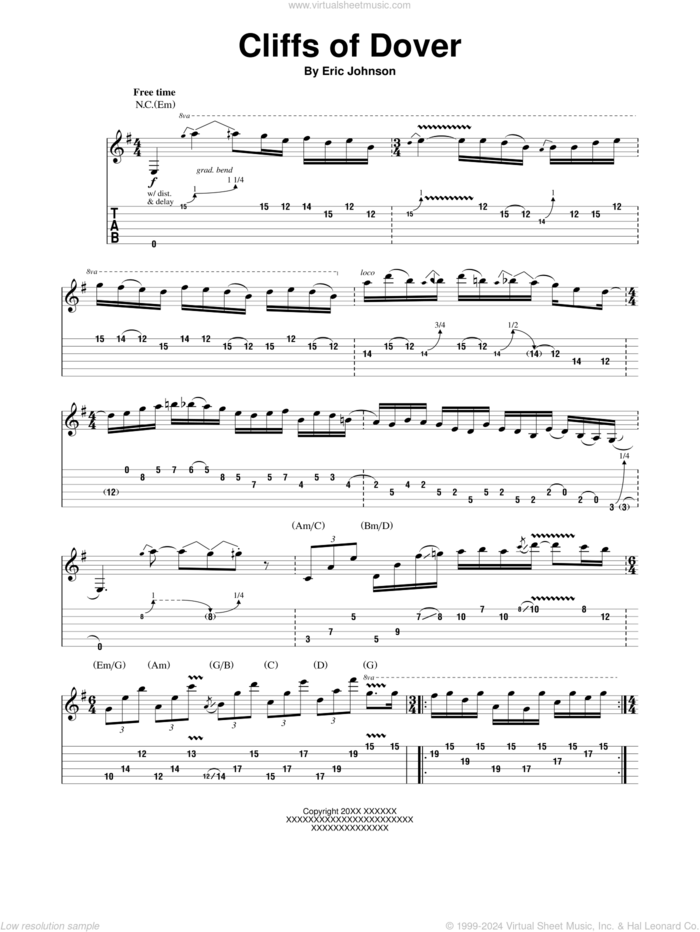 Cliffs Of Dover sheet music for guitar (tablature, play-along) by Eric Johnson, intermediate skill level