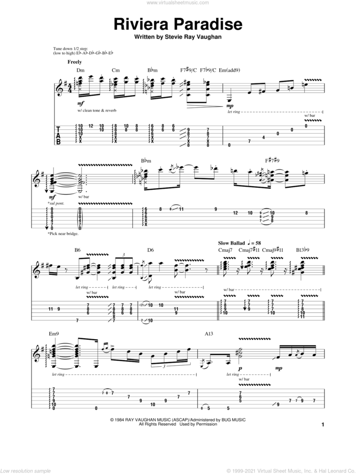 Riviera Paradise sheet music for guitar (tablature, play-along) by Stevie Ray Vaughan, intermediate skill level