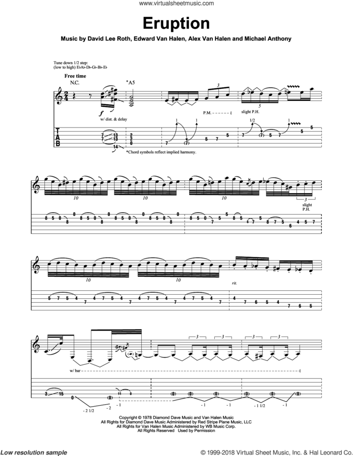 Eruption sheet music for guitar (tablature, play-along) by Edward Van Halen, Alex Van Halen, David Lee Roth and Michael Anthony, intermediate skill level