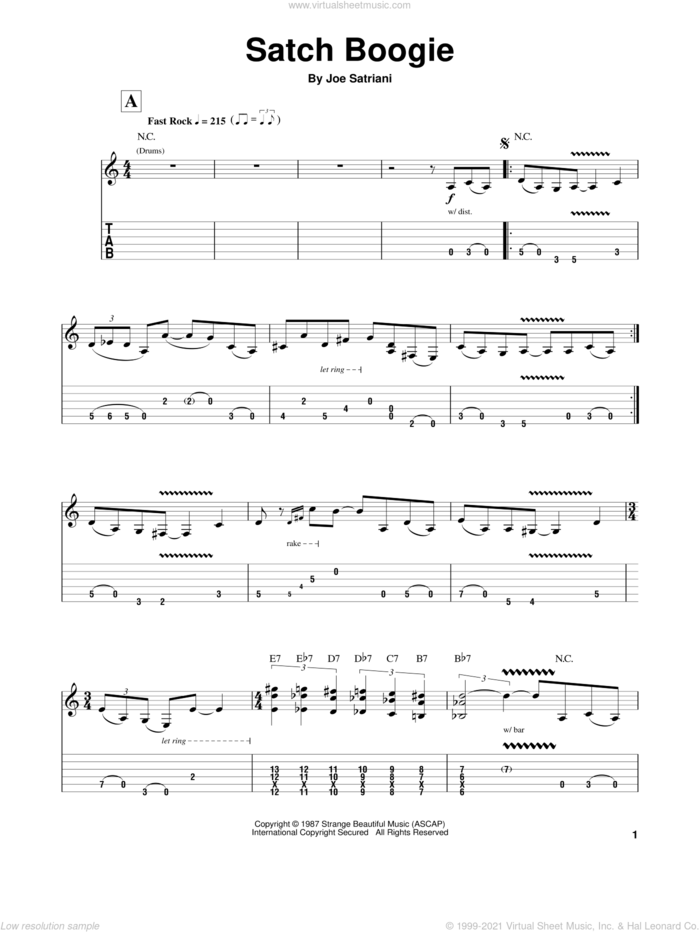 Satch Boogie sheet music for guitar (tablature, play-along) by Joe Satriani, intermediate skill level