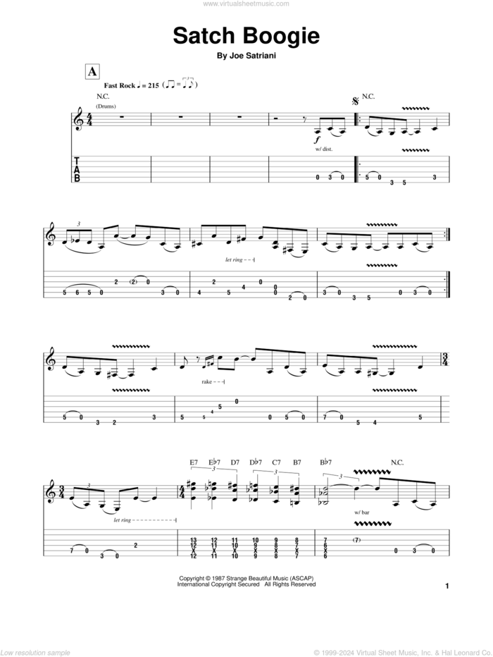 Satch Boogie sheet music for guitar (tablature, play-along) by Joe Satriani, intermediate skill level