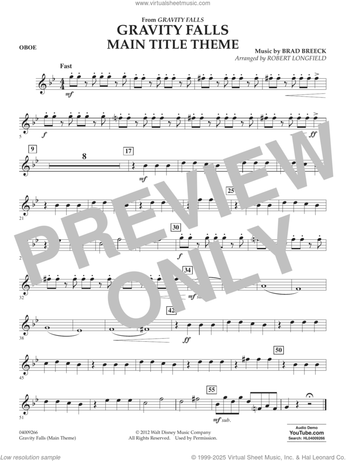 Gravity Falls Main Title Theme (arr. Robert Longfield) sheet music for concert band (oboe) by Brad Breek and Robert Longfield, intermediate skill level