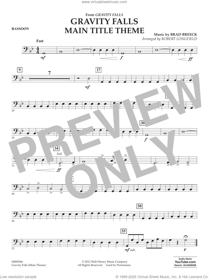 Gravity Falls Main Title Theme (arr. Robert Longfield) sheet music for concert band (bassoon) by Brad Breek and Robert Longfield, intermediate skill level
