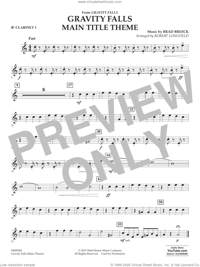 Gravity Falls Main Title Theme (arr. Robert Longfield) sheet music for concert band (Bb clarinet 1) by Brad Breek and Robert Longfield, intermediate skill level
