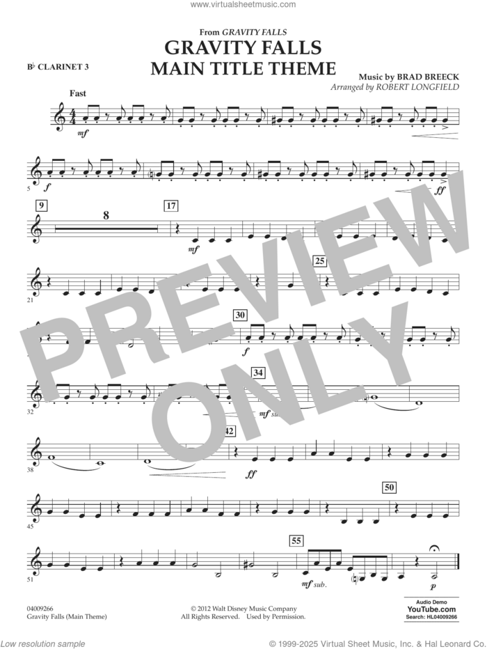 Gravity Falls Main Title Theme (arr. Robert Longfield) sheet music for concert band (Bb clarinet 3) by Brad Breek and Robert Longfield, intermediate skill level