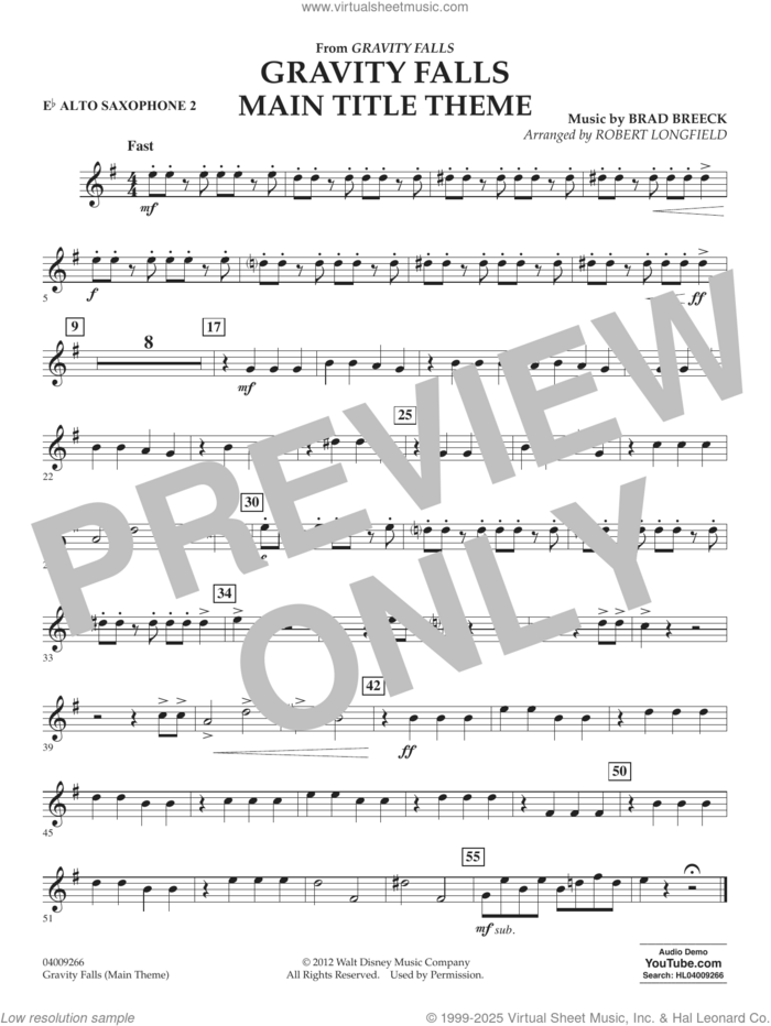 Gravity Falls Main Title Theme (arr. Robert Longfield) sheet music for concert band (Eb alto saxophone 1) by Brad Breek and Robert Longfield, intermediate skill level