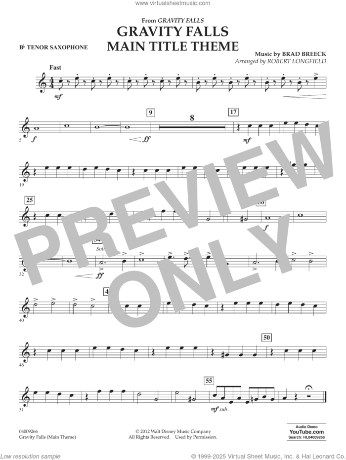 Gravity Falls Main Title Theme (arr. Robert Longfield) sheet music for concert band (Eb alto saxophone 2) by Brad Breek and Robert Longfield, intermediate skill level