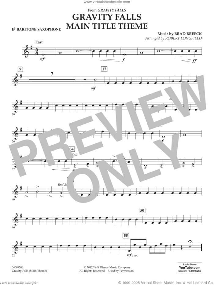 Gravity Falls Main Title Theme (arr. Robert Longfield) sheet music for concert band (Bb tenor saxophone) by Brad Breek and Robert Longfield, intermediate skill level