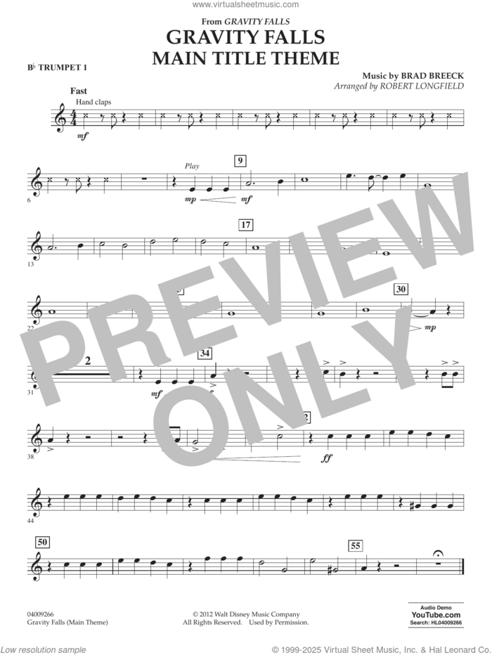 Gravity Falls Main Title Theme (arr. Robert Longfield) sheet music for concert band (Eb baritone saxophone) by Brad Breek and Robert Longfield, intermediate skill level