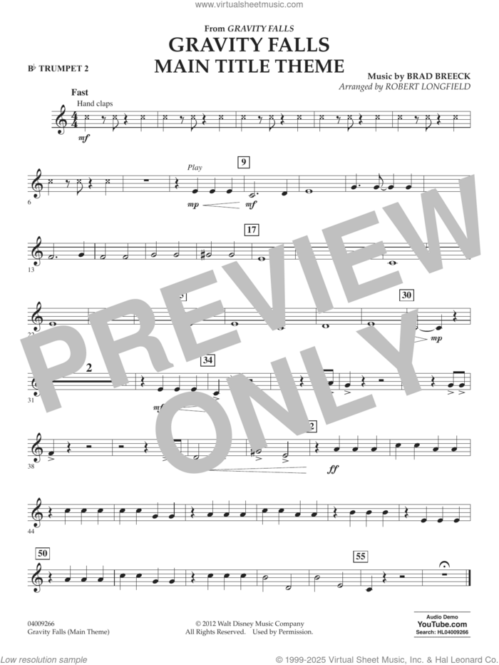 Gravity Falls Main Title Theme (arr. Robert Longfield) sheet music for concert band (Bb trumpet 1) by Brad Breek and Robert Longfield, intermediate skill level