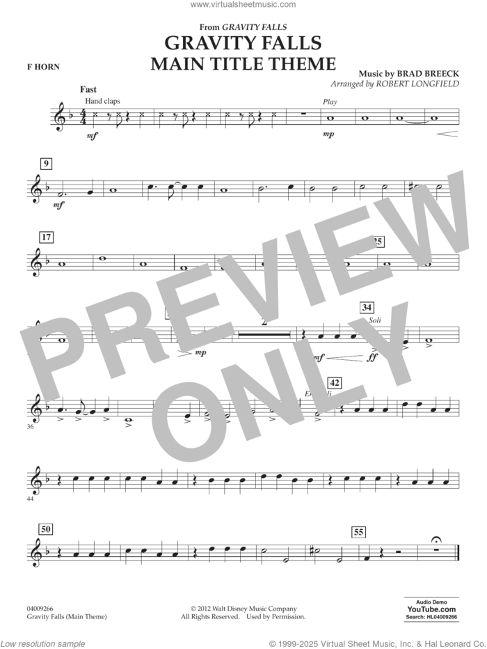 Gravity Falls Main Title Theme (arr. Robert Longfield) sheet music for concert band (Bb trumpet 2) by Brad Breek and Robert Longfield, intermediate skill level