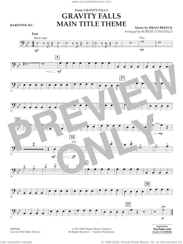 Gravity Falls Main Title Theme (arr. Robert Longfield) sheet music for concert band (trombone) by Brad Breek and Robert Longfield, intermediate skill level