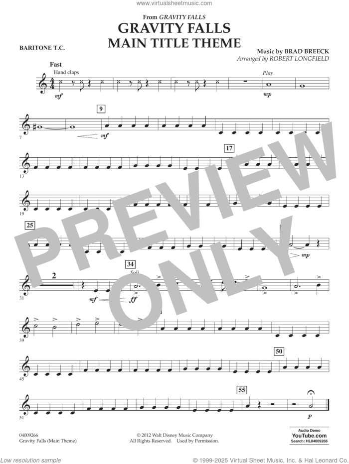 Gravity Falls Main Title Theme (arr. Robert Longfield) sheet music for concert band (baritone b.c.) by Brad Breek and Robert Longfield, intermediate skill level