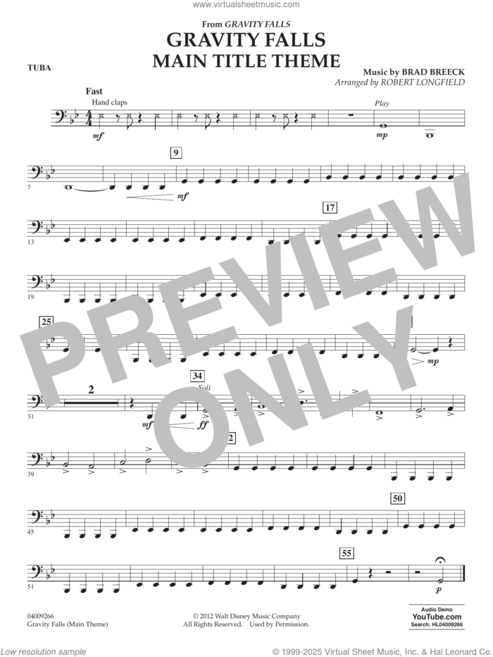 Gravity Falls Main Title Theme (arr. Robert Longfield) sheet music for concert band (baritone t.c.) by Brad Breek and Robert Longfield, intermediate skill level