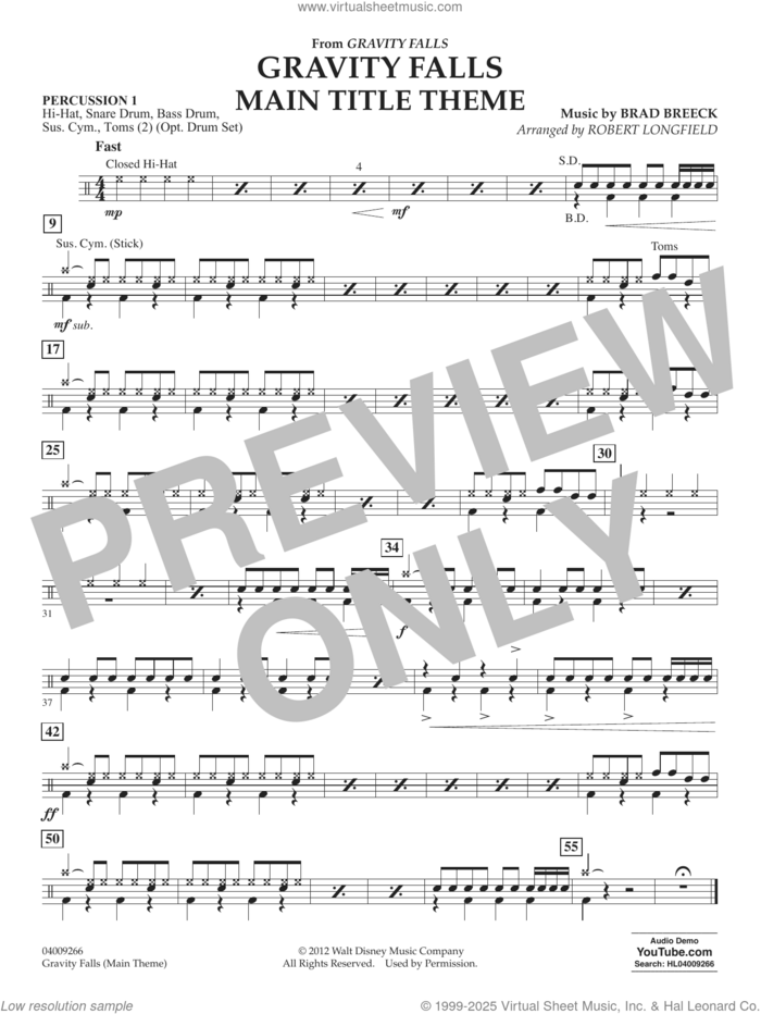 Gravity Falls Main Title Theme (arr. Robert Longfield) sheet music for concert band (bass) by Brad Breek and Robert Longfield, intermediate skill level