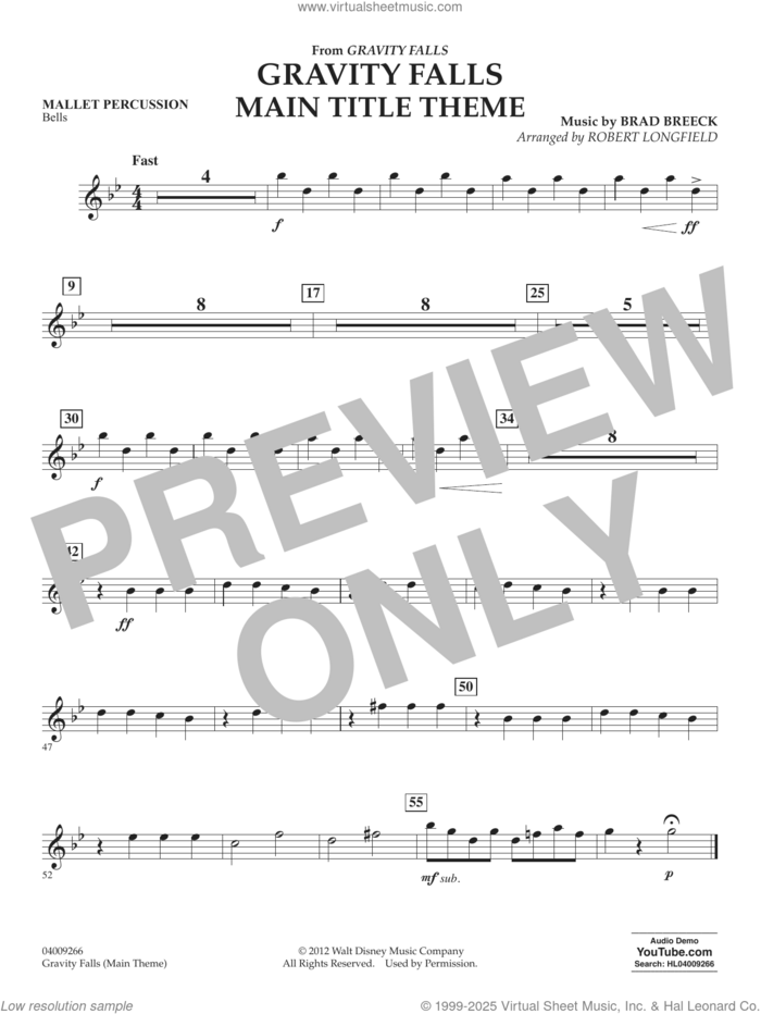 Gravity Falls Main Title Theme (arr. Robert Longfield) sheet music for concert band (percussion 2) by Brad Breek and Robert Longfield, intermediate skill level