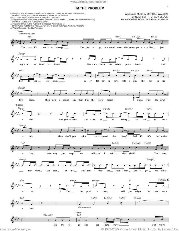 I'm The Problem sheet music for voice and other instruments (fake book) by Morgan Wallen, Ernest Smith, Grady Block, Jamie Mclaughlin and Ryan Vojtesak, intermediate skill level