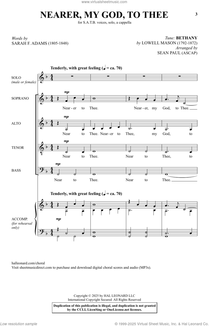Nearer My God To Thee sheet music for choir (SATB: soprano, alto, tenor, bass) by Lowell Mason, Sean Paul and Sarah F. Adams, intermediate skill level