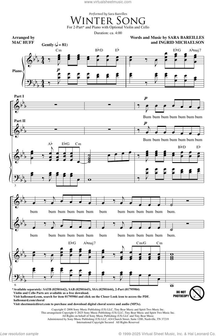 Winter Song (arr. Mac Huff) sheet music for choir (2-Part) by Sara Bareilles, Mac Huff and Ingrid Michaelson, intermediate duet