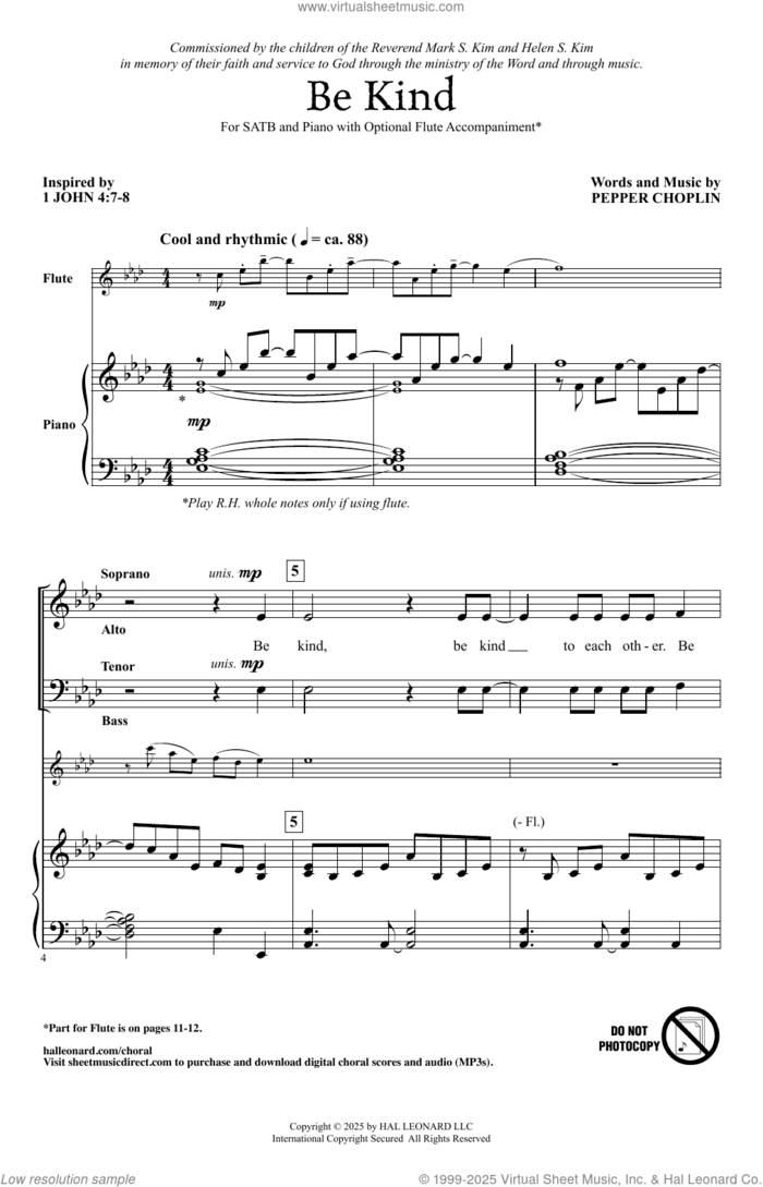 Be Kind sheet music for choir (SATB: soprano, alto, tenor, bass) by Pepper Choplin and I John 4:7-8, intermediate skill level