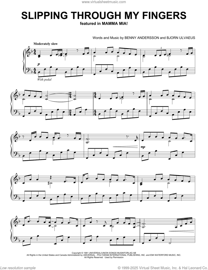 Slipping Through My Fingers (from Mamma Mia!) (Peaceful Piano Solo) sheet music for piano solo by Benny Andersson, ABBA, Benny Andersson & Bjorn Ulvaeus and Bjorn Ulvaeus, intermediate skill level