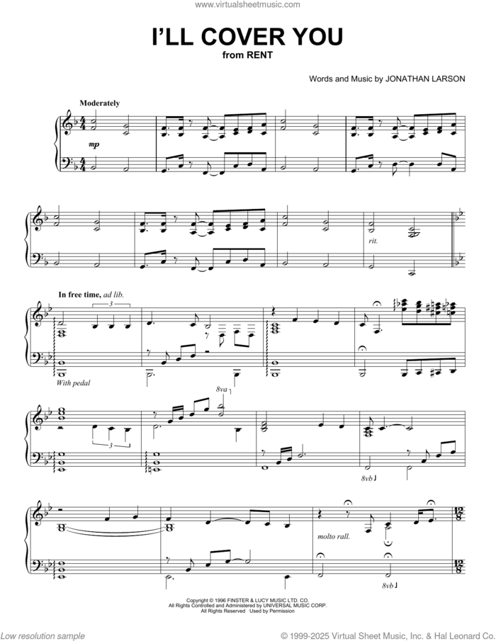 I'll Cover You (from Rent) (Peaceful Piano Solo) sheet music for piano solo by Jonathan Larson, intermediate skill level