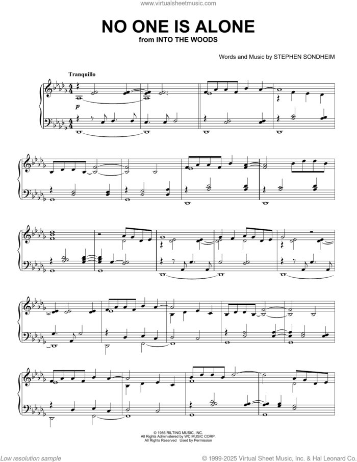 No One Is Alone - Part I (from Into The Woods) (Peaceful Piano Solo) sheet music for piano solo by Stephen Sondheim, intermediate skill level