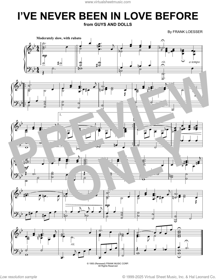 I've Never Been In Love Before (from Guys And Dolls) (Peaceful Piano Solo) sheet music for piano solo by Frank Loesser, intermediate skill level