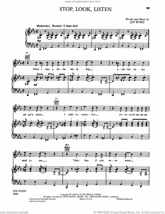 Stop, Look, Listen sheet music for voice, piano or guitar by Elvis Presley and Joy Byers, intermediate skill level