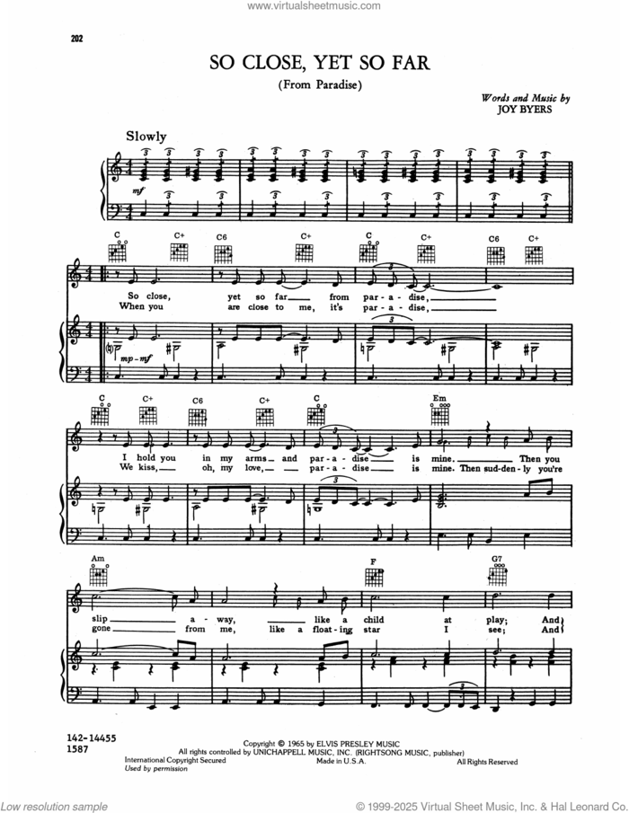 So Close, Yet So Far (from Paradise) sheet music for voice, piano or guitar by Elvis Presley and Joy Byers, intermediate skill level