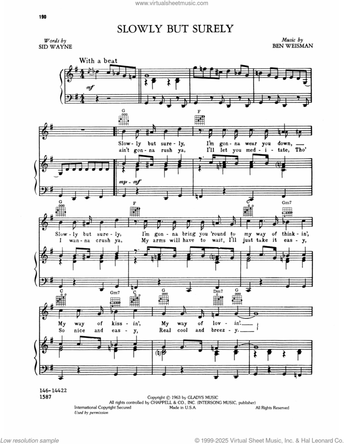 Slowly But Surely sheet music for voice, piano or guitar by Elvis Presley, Ben Weisman and Sid Wayne, intermediate skill level