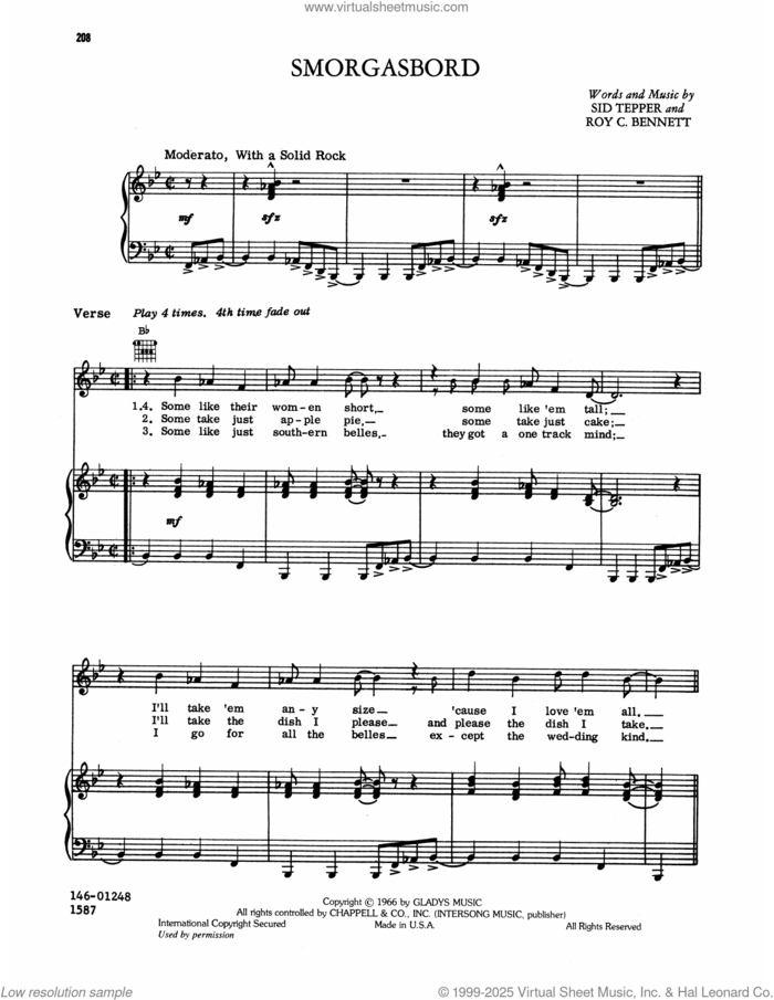 Smorgasbord sheet music for voice, piano or guitar by Elvis Presley, Roy Bennett and Sid Tepper, intermediate skill level
