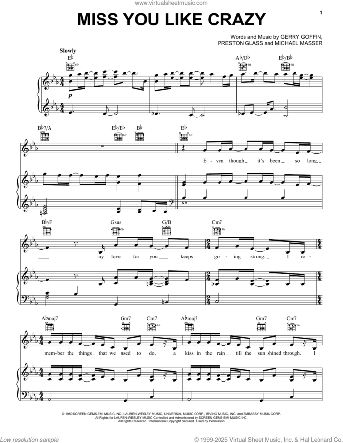 Miss You Like Crazy sheet music for voice, piano or guitar by Natalie Cole, Gerry Goffin, Michael Masser and Preston Glass, intermediate skill level