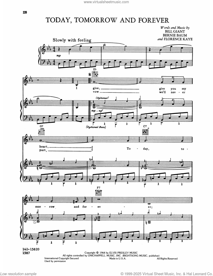 Today, Tomorrow And Forever sheet music for voice, piano or guitar by Elvis Presley, Bernie Baum, Bill Giant and Florence Kaye, intermediate skill level