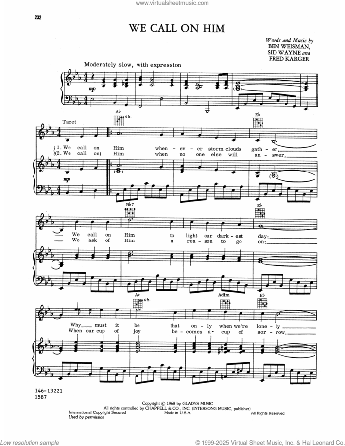 We Call On Him sheet music for voice, piano or guitar by Elvis Presley, Ben Weisman, Fred Karger and Sid Wayne, intermediate skill level