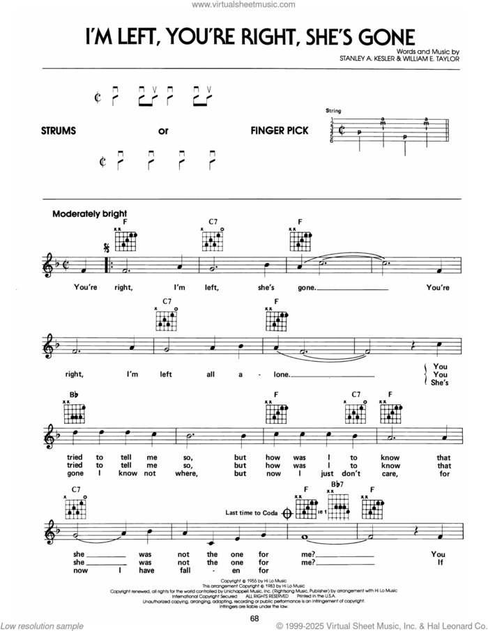I'm Left, You're Right, She's Gone sheet music for guitar solo (chords) by Elvis Presley, Stanley A. Kesler and William E. Taylor, easy guitar (chords)