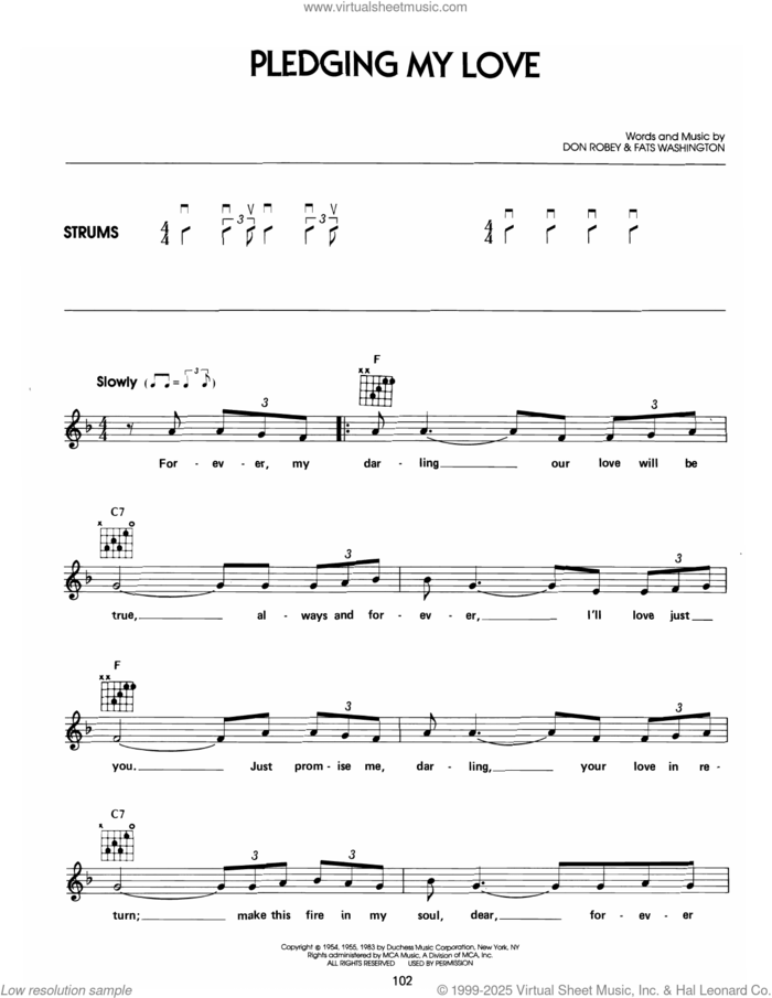 Pledging My Love sheet music for guitar solo (chords) by Elvis Presley, Don Robey and Fats Washington, easy guitar (chords)