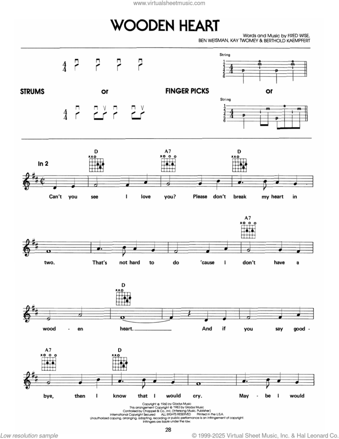 Wooden Heart sheet music for guitar solo (chords) by Elvis Presley, Ben Weisman, Berthold Kaempfert, Fred Wise and Kay Twomey, easy guitar (chords)